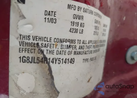 2004 Saturn L300 3 from USA, damaged, VIN 1G8JL54R14Y514149